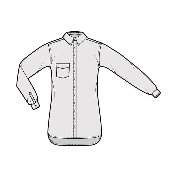 Camisa botón abajo ilustración técnica de moda con bolsillo en ángulo, pliegue del codo, mangas largas rectas, de gran tamaño — Vector de stock