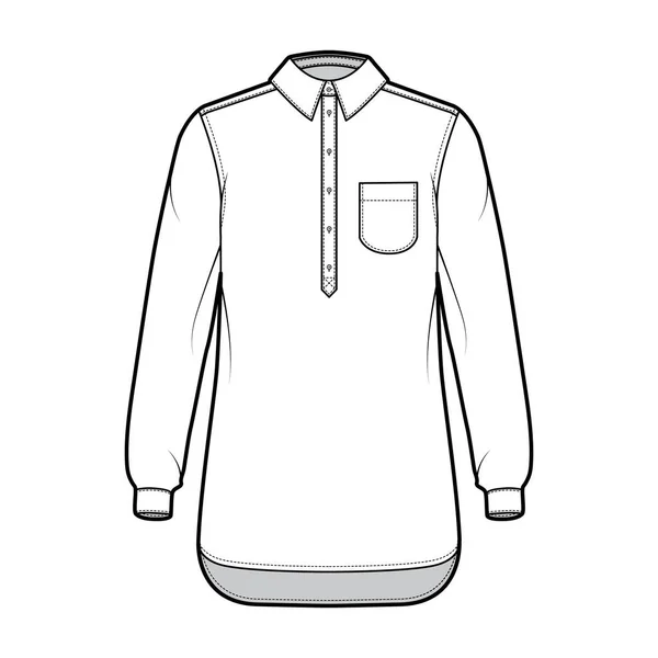 Shirt pullover technical fashion illustration with rounded pocket, long sleeves, relax fit, half placket button down — Stock Vector