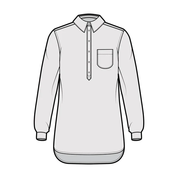 Hemdpullover technische Modeillustration mit abgerundeter Tasche, langen Ärmeln, entspannter Passform, Knopfleiste halb nach unten — Stockvektor