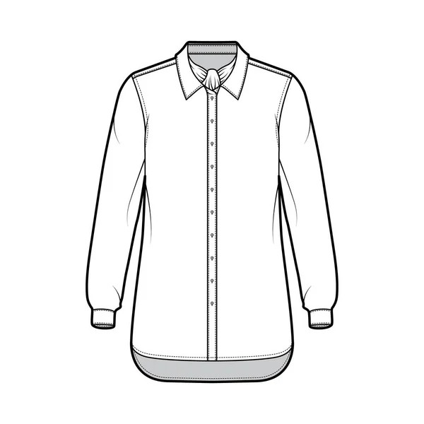 Chemise à rayures ascot illustration de mode technique avec noeud, manches longues avec poignets, surdimensionné, boutonné, col — Image vectorielle