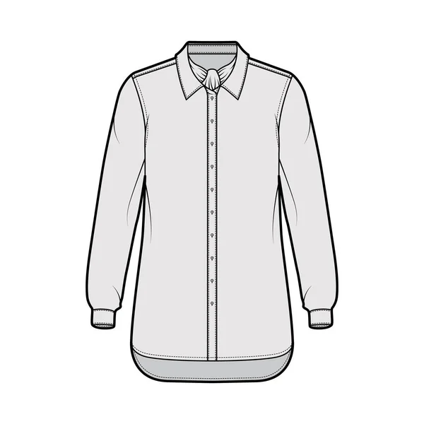 Košile ascot pruh technické módní ilustrace s lukem, dlouhé rukávy s manžetou, oversized, knoflík-down, límec — Stockový vektor