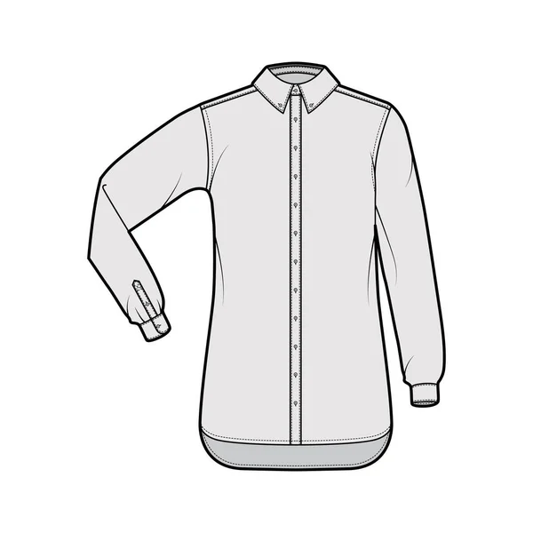 Klasik gömlek tekniği. Dirsek kıvrımlı, uzun kollu, rahat, düğmeli, normal yakalı. — Stok Vektör