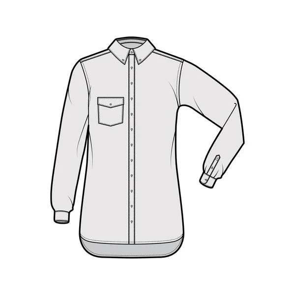 Chemise classique illustration de mode technique avec poche inclinée, pli coude manches longues, relax, boutons, col régulier — Image vectorielle