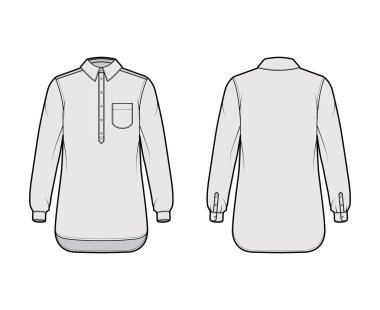 Yuvarlak cepli, uzun kollu, rahat, yarım düğmeli, kazaklı, teknik moda illüstrasyonu.