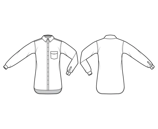 Camisa botón abajo ilustración técnica de moda con bolsillo en ángulo, pliegue del codo, mangas largas rectas, de gran tamaño — Vector de stock