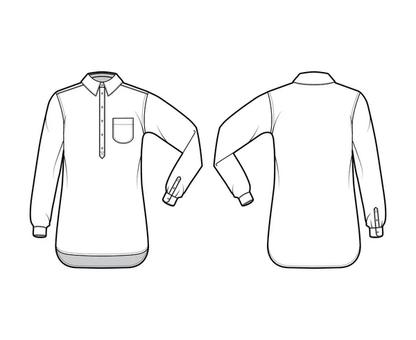 Camisa pulôver técnica moda ilustração com bolso arredondado, cotovelo dobrar manga longa, oversized meia placket botão — Vetor de Stock
