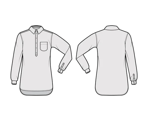 Сорочковий пуловер технічної моди ілюстрація з округлою кишенєю, ліктьовий складчастий довгий рукав, негабаритна напівкнопка — стоковий вектор