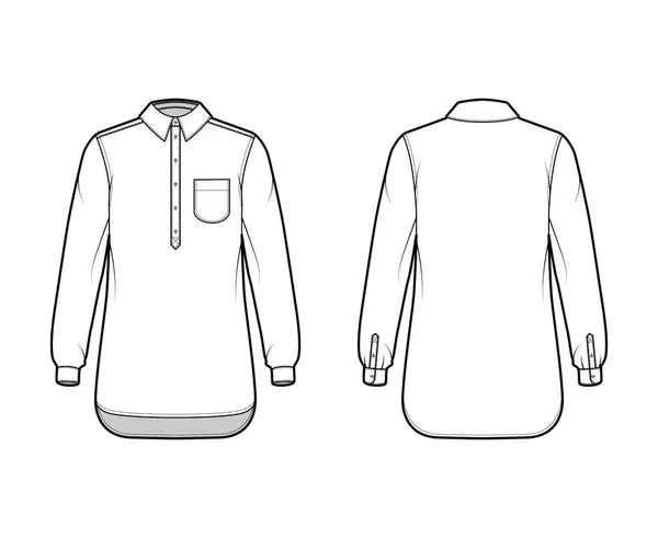 Shirt pullover technische mode illustratie met afgeronde zak, lange mouwen, relax fit, halve placket knop naar beneden — Stockvector