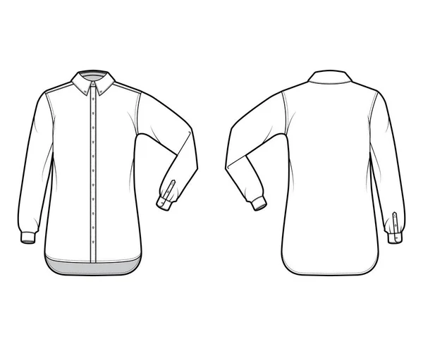 Klasická košile technické módní ilustrace s loketní ohyb dlouhý rukáv, relaxační fit, zapínání knoflíků, pravidelný límec — Stockový vektor