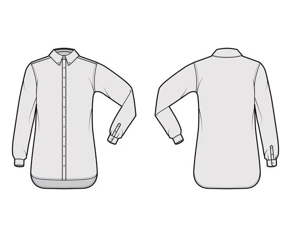 经典衬衫工艺时尚图解与肘弯长袖，宽松的配合，钮扣紧固，常规领口 — 图库矢量图片