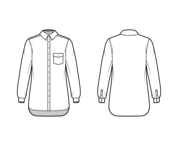 Ilustração de moda técnica de camisa clássica com bolso angulado, mangas compridas, relaxe em forma, fixação de botão frontal — Vetor de Stock