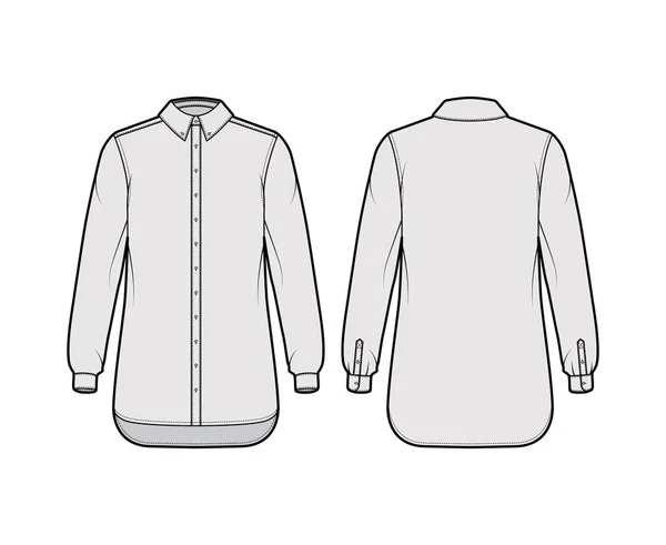 Ilustración de moda técnica de camisa clásica con mangas largas, ajuste relajante, prendas de vestir de cuello regular con cierre de botón delantero — Vector de stock