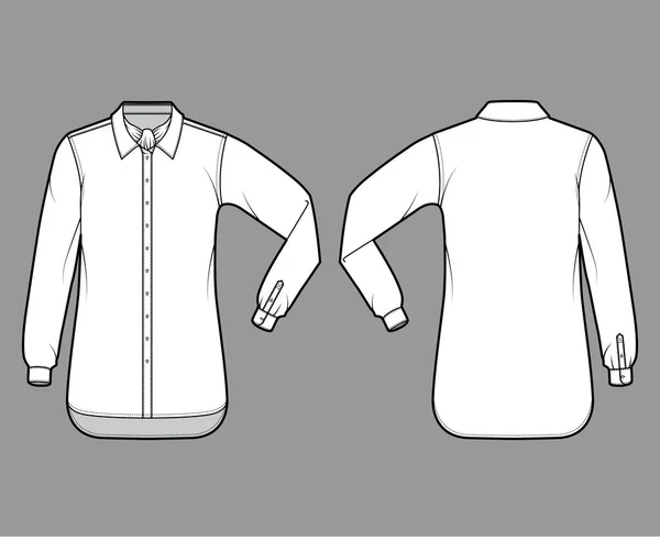 Сорочка Аскет-смуга технічна мода ілюстрація з краваткою лук, ліктя скласти довгий рукав, негабаритні, кнопка вниз, комір — стоковий вектор
