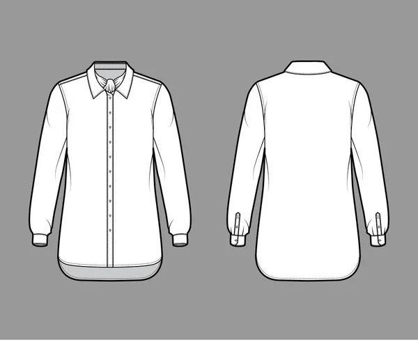 Koszula ascot pasek moda techniczna ilustracja z łukiem, długie rękawy z mankietem, przerośnięty, guzik-down, kołnierz — Wektor stockowy