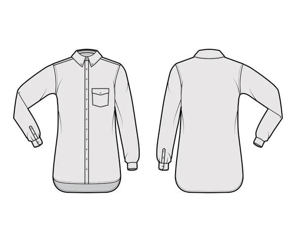 Klasická košile technické módní ilustrace s šikmou kapsou, loketní ohyb dlouhý rukáv, uvolnění, knoflíky, pravidelný límec — Stockový vektor