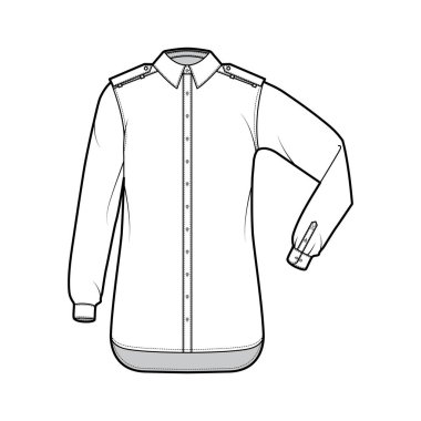 Uzun kollu, geniş kollu, düğmeli, düğmeli, yakalı tişört apoletli teknik moda çizimi.