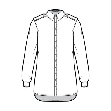 Uzun kollu, manşetli, rahat, düğmeleri açık, normal yakalı tişört apoleti.