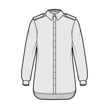 Uzun kollu, manşetli, rahat, düğmeleri açık, normal yakalı tişört apoleti.