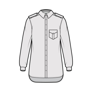 Gömlek apoleti, flaplı, dirsek kıvrımlı, uzun kollu, rahat formda, düğmeli.