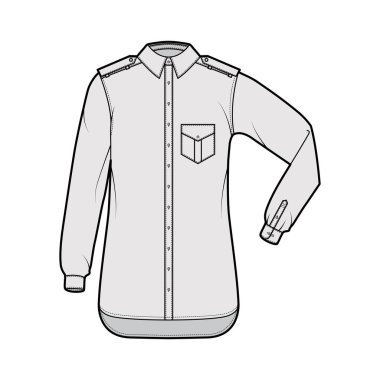 Gömlek apoleti, flaplı, dirsek kıvrımlı, uzun kollu, rahat formda, düğmeli.