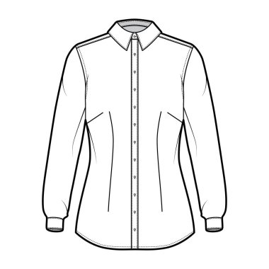 Gömlek, teknik moda illüstrasyonuna uzun kollu, manşetli, dar kesimli, dartlı, düğmeli