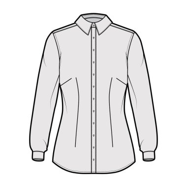 Gömlek, teknik moda illüstrasyonuna uzun kollu, manşetli, dar kesimli, dartlı, düğmeli