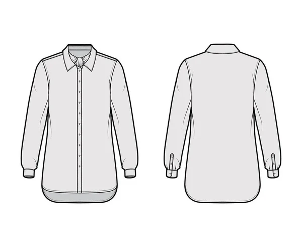 Hemd ascot streifen technische modeillustration mit schleife, lange ärmel mit bündchen, übergroß, knopf-unten, kragen — Stockvektor