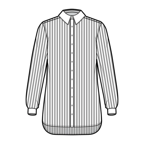 Chemise à rayures cléricales illustration de mode technique à manches longues avec poignets, coupe relax, boutonné, col régulier — Image vectorielle