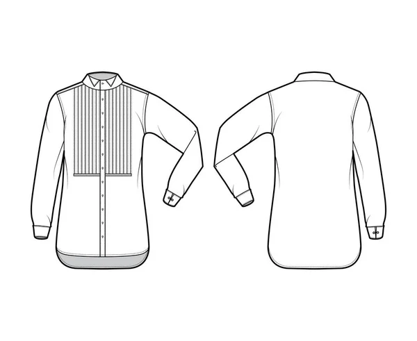 Shirt smoking jurk technische mode illustratie met geplooide geknepen slabbetje, elleboog vouw lange mouwen met franse manchet — Stockvector