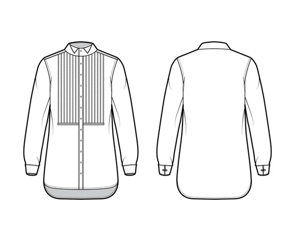 Skjorta smoking klänning teknisk mode illustration med veckat veckat pintucked haklapp, långa ärmar med fransk manschett, vingkrage — Stock vektor