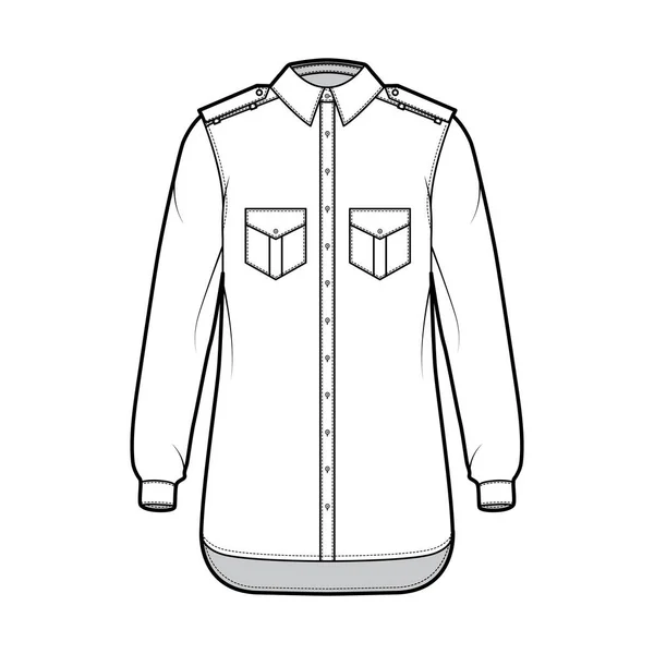 Chemise epaulette illustration de mode technique avec rabats poches inclinées, coude pli manches longues, coupe relax, boutonnage — Image vectorielle