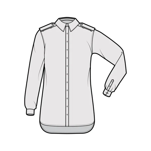 Camicia epaulette illustrazione tecnica di moda con piega del gomito manica lunga, oversize, apertura button-down, colletto — Vettoriale Stock