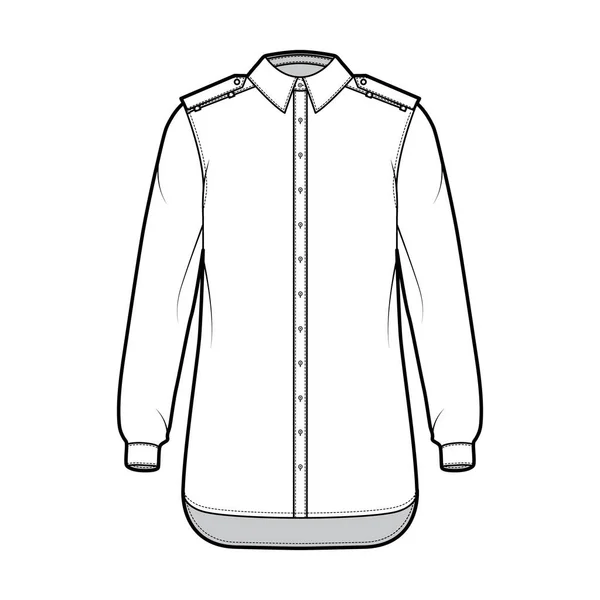 カフ付きの長袖、リラックスフィット、ボタンダウンオープン通常の襟付きのシャツのエポレット技術的なファッションイラスト — ストックベクタ