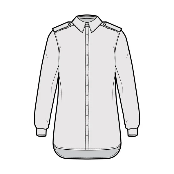 Hemd Schulterklappen technische Mode Illustration mit langen Ärmel mit Manschette, entspannen fit, Knopf-Down-Öffnung regulären Kragen — Stockvektor