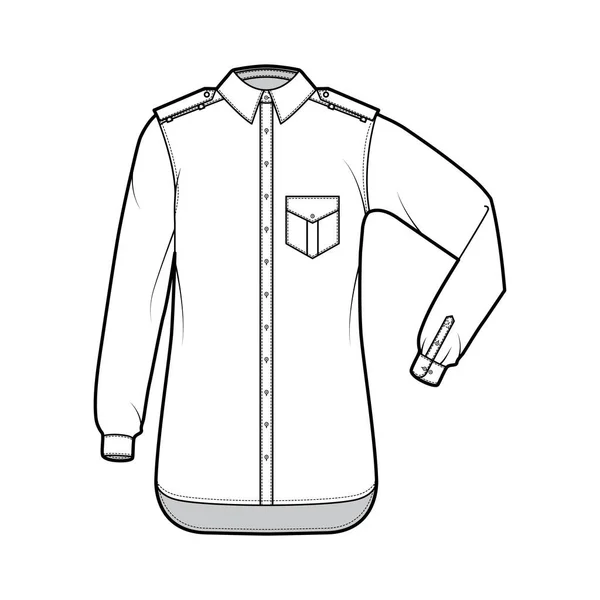 Skjorta epaulette teknisk mode illustration med flikar vinklad ficka, armbåge vika lång ärm, slappna av passform, knapp-down — Stock vektor