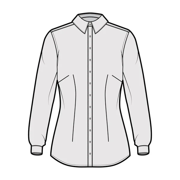 Camisa ajustada técnica moda ilustración con mangas largas con puño, ajuste delgado, dardos, botón de abajo — Vector de stock