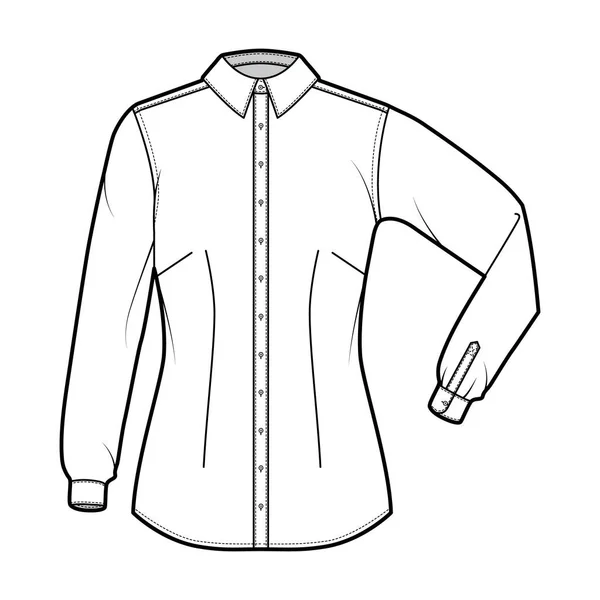 Košile technické módní ilustrace s šikmou kapsou, loketní ohyb dlouhý rukáv, tenký střih, šipky, knoflík-down — Stockový vektor