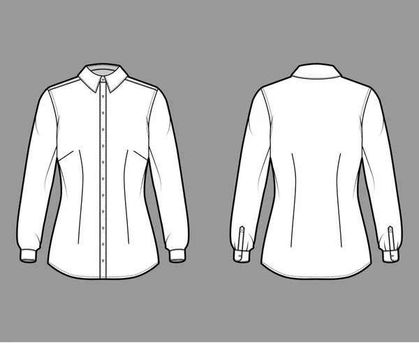 Skjorta monterad teknisk mode illustration med långa ärmar med mudd, smal passform, dart, knapp-down — Stock vektor