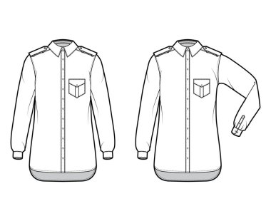 Gömlek apoleti, flaplı, dirsek kıvrımlı, uzun kollu, rahat formda, düğmeli.