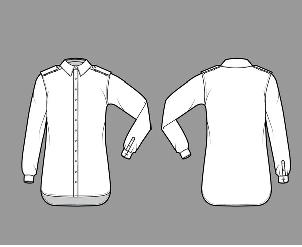 Camisa epaulette técnica moda ilustração com cotovelo dobrar manga longa, oversized, botão de abertura para baixo, colarinho — Vetor de Stock