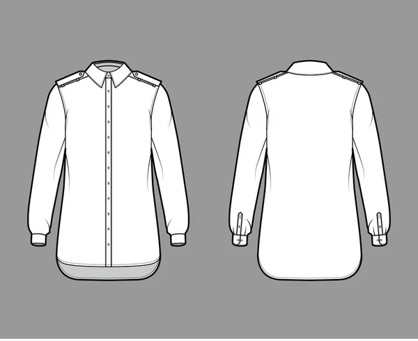 カフ付きの長袖、リラックスフィット、ボタンダウンオープン通常の襟付きのシャツのエポレット技術的なファッションイラスト — ストックベクタ