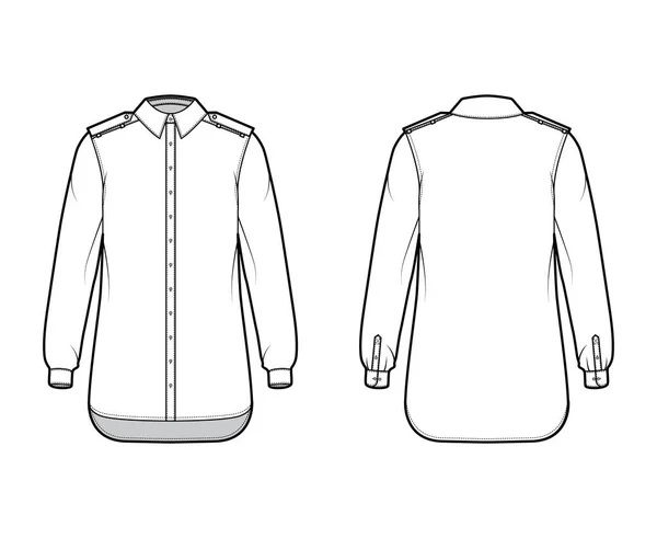 Camisa epaulette técnica moda ilustración con manga larga con manguito, ajuste relajante, botón de apertura cuello regular — Vector de stock