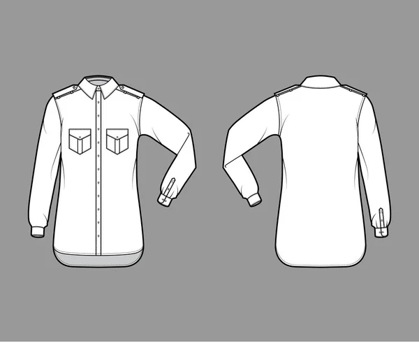 Camicia epaulette illustrazione tecnica di moda con pattina tasche angolate, piega gomito manica lunga, vestibilità relax, button-down — Vettoriale Stock