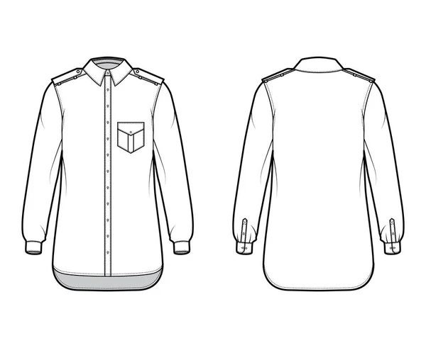 Skjorta epaulette teknisk mode illustration med flikar vinklad ficka, armbåge vika lång ärm, slappna av passform, knapp-down — Stock vektor