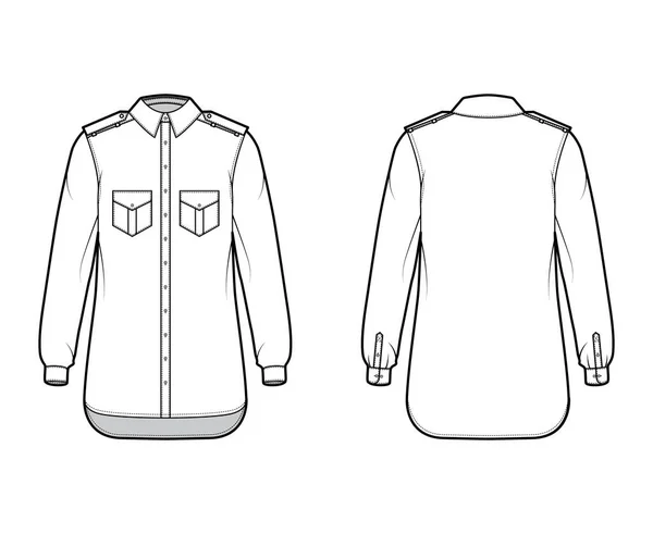 Košile epaulette technické módní ilustrace s klapkami šikmé kapsy, loket záhyb dlouhý rukáv, uvolnit fit, tlačítko-dolů — Stockový vektor