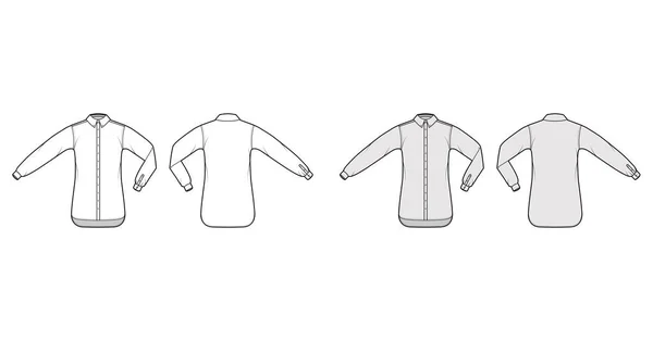 Camisa botón abajo ilustración técnica de la manera con el pliegue del codo, mangas largas rectas con puño, sobredimensionado, cuello — Vector de stock