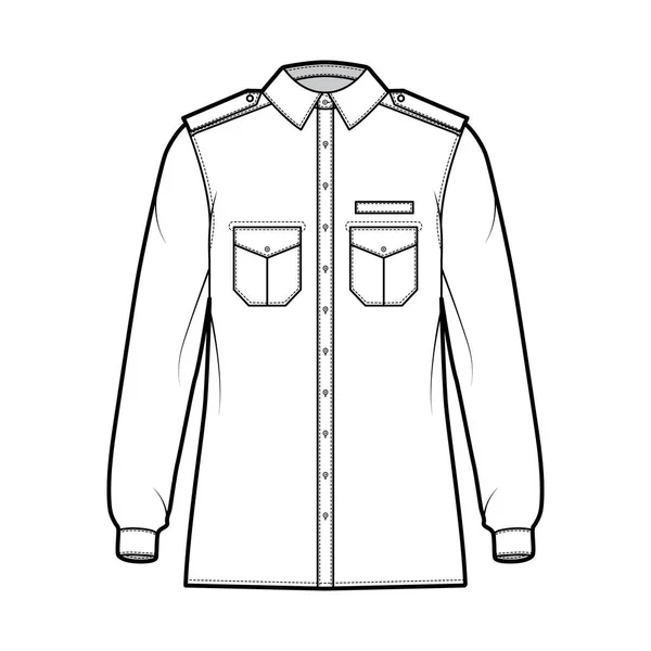 Shirt στρατιωτική τεχνική απεικόνιση μόδας με epaulette, πλαφονιέρες γωνίες τσέπες, μακρύ μανίκι, χαλαρώστε ταιριάζει, κουμπί-κάτω — Διανυσματικό Αρχείο