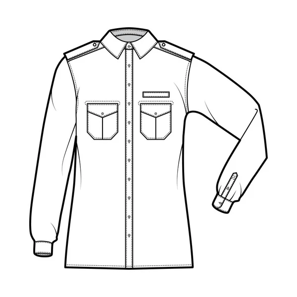 Camisa militar técnica moda ilustração com epaulette, abas bolsos angulados, cotovelo dobrar manga longa, relaxar ajuste —  Vetores de Stock