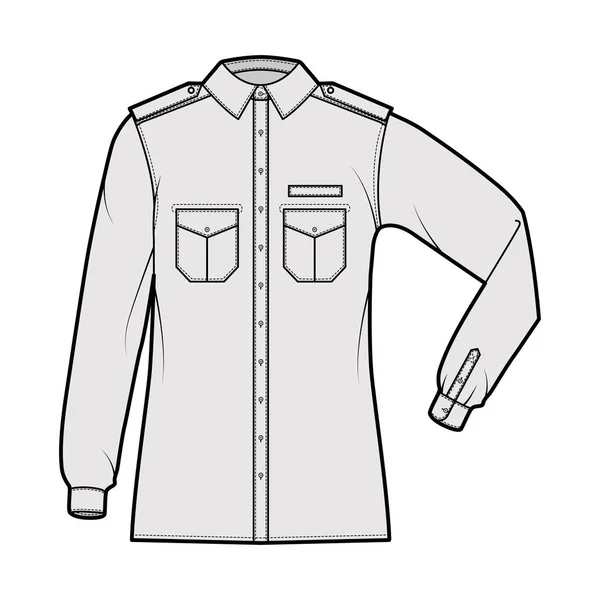 Chemise technique militaire illustration de mode avec épaulette, rabats poches inclinées, coude pli manches longues, ajustement relax — Image vectorielle