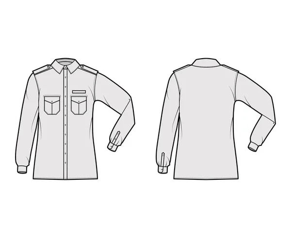 Chemise technique militaire illustration de mode avec épaulette, rabats poches inclinées, coude pli manches longues, ajustement relax — Image vectorielle